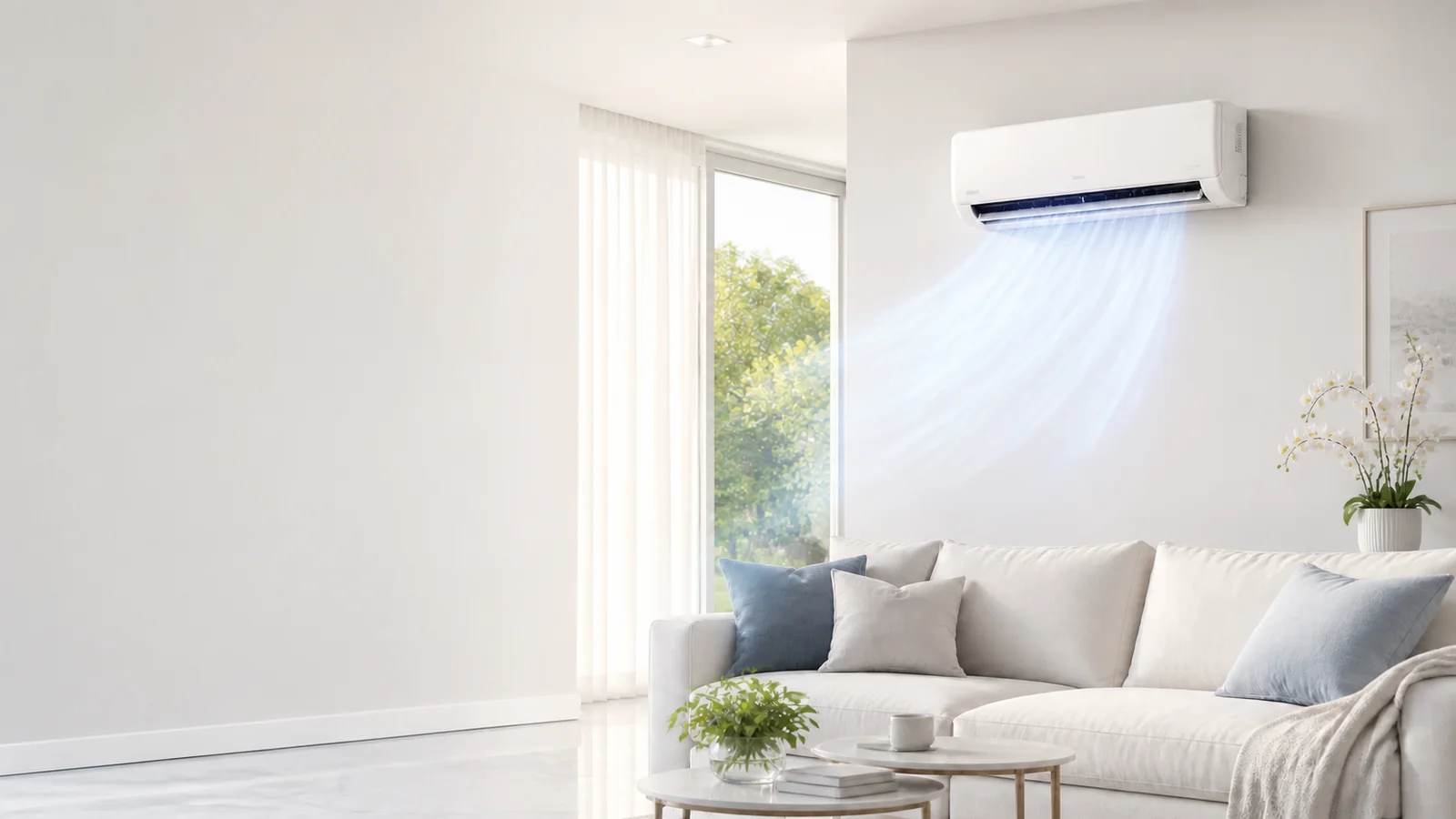 Sala moderna climatizada por ar-condicionado, com orquídea decorativa